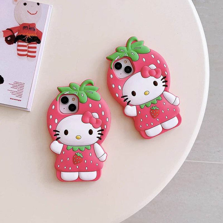 For iPhone 16 15 14 13 12 Pro Max Strawberry Hello Kitty Soft Silicone Case Japan Ins Kawaii Cute 3D Cartoon Shock Proof Cover - Leokee case