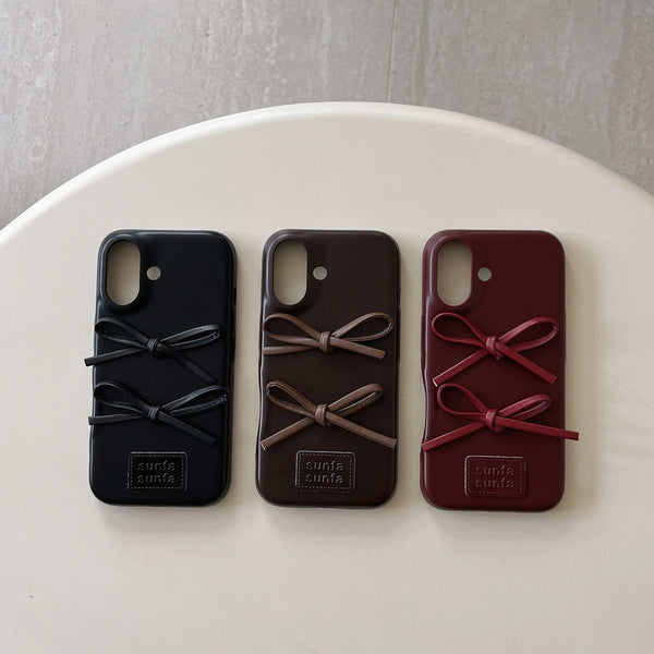 Korean Style Retro Leather Texture Bowknot Suitable for Apple16Pormax New Phone Case14/15Simple13Pro Female