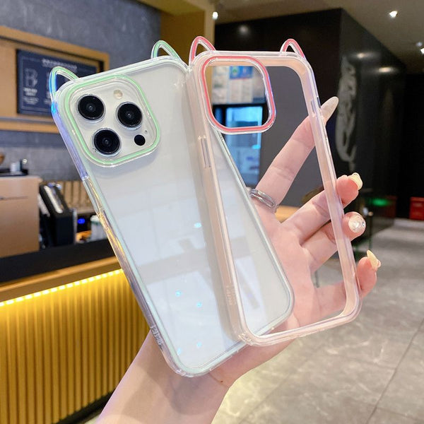 Acrylic Candy Color Cat Ears iPhone 16 Pro Max Case - Transparent Anti-Drop 2-in-1 Phone Case
