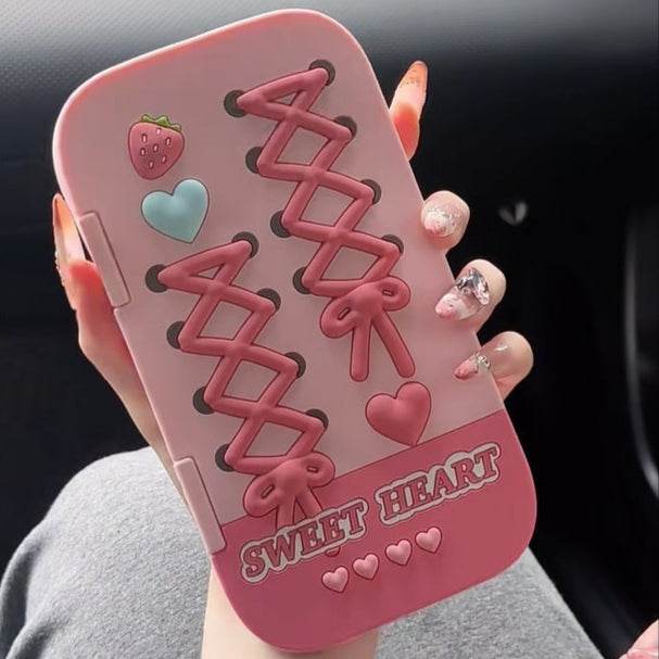 Pink 3D Strawberry Bow & Heart Flip Mirror Phone Case - Leokee case