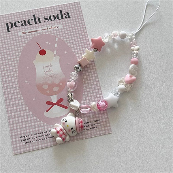 Cute 3D Hello Kitty Beaded Phone Chain Wrist Strap Camera Accessory