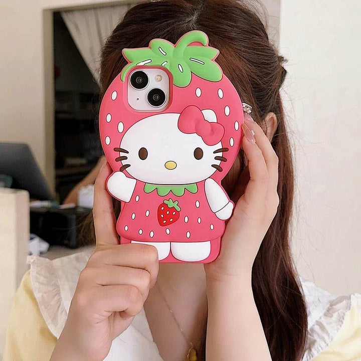 For iPhone 16 15 14 13 12 Pro Max Strawberry Hello Kitty Soft Silicone Case Japan Ins Kawaii Cute 3D Cartoon Shock Proof Cover - Leokee case