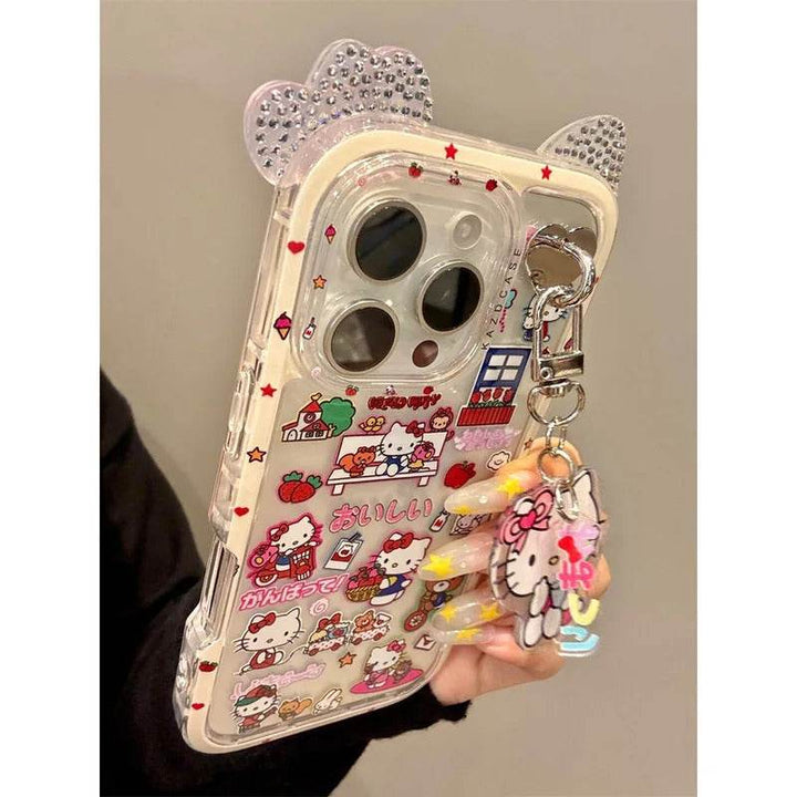 Cute Full-Screen Hello Kitty Clear Glitter iPhone 16/15/14/13 Pro Max Protective Case with Impact-Resistant Design - Leokee case