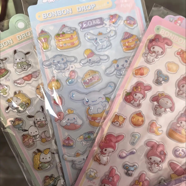 4-Pack Sanrio Stickers, 200+ Unique 3D Embossed Designs: Cute Kuromi & Melody for DIY Notebook Decoration, Scrapbooking, Stationery Beautification, and Journal Decor