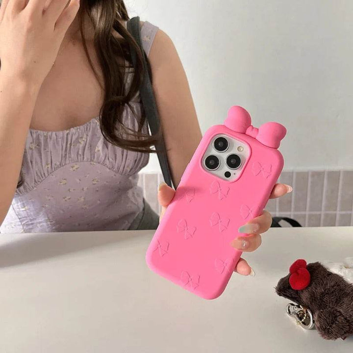 For iPhone 16 15 14 13 12 Pro Max Plus 3D Cute Bow Ear Soft Silicone Phone Case Funny Cartoon Protection Cover - Leokee case