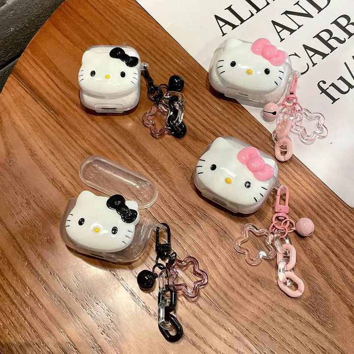 Cute Pink Black Hello KT Cat Cover for AirPods 4 Cartoon Earphone Case for Airpods Pro2 Pro 3 2 1 Protective Cover with Keychain - Leokee case