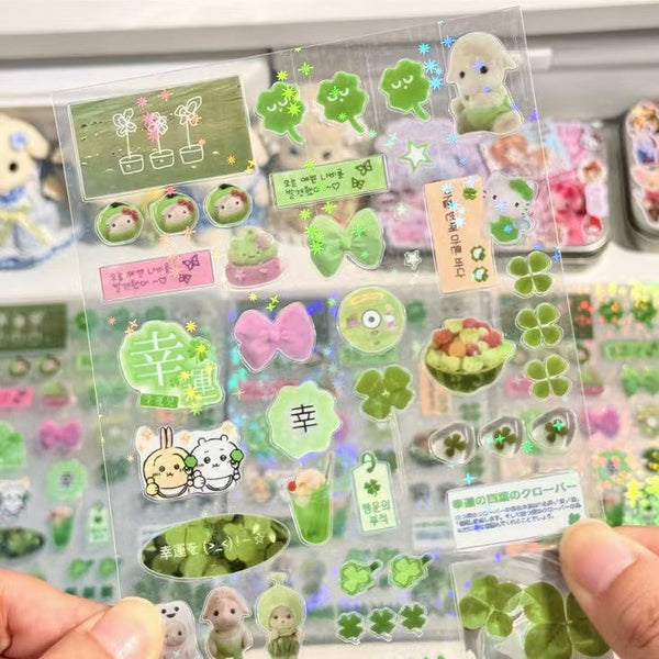 4 Sheets Green Matcha Laser Retro Stickers