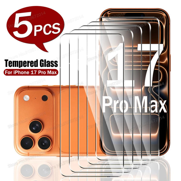 5PCS Tempered Glass Screen Protector For iPhone 17 Pro Max Air 16e XR X XS 11 12 13 Mini 14 15 16 Pro Max Plus Clear Glass Film