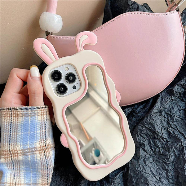Cute Bunny Ears Mirror Phone Case For iPhone 16 15 14 Plus 13 12 11 Pro Max Shockproof Silicone Case - Leokee case