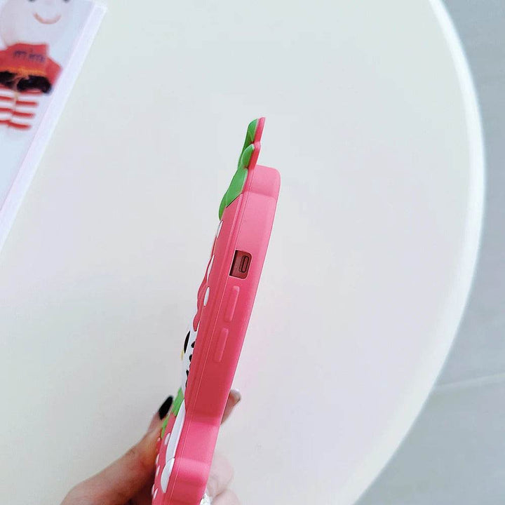 For iPhone 16 15 14 13 12 Pro Max Strawberry Hello Kitty Soft Silicone Case Japan Ins Kawaii Cute 3D Cartoon Shock Proof Cover - Leokee case