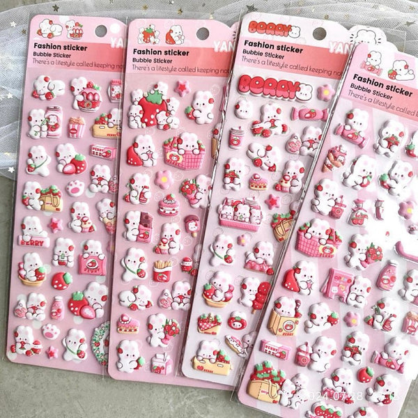 Cartoon Pink Rabbit 3D Bubble Stickers Set of 4