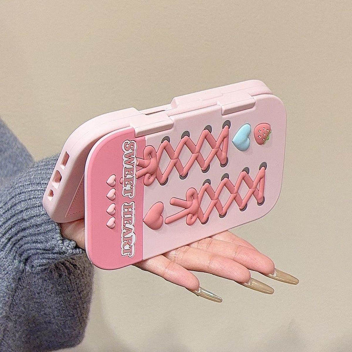 Pink 3D Strawberry Bow & Heart Flip Mirror Phone Case - Leokee case