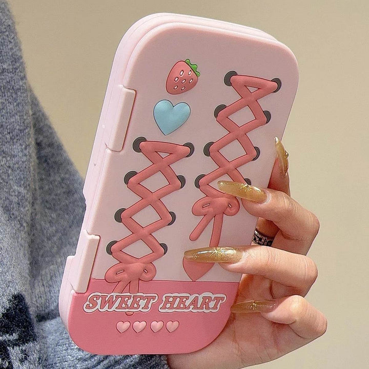 Pink 3D Strawberry Bow & Heart Flip Mirror Phone Case - Leokee case