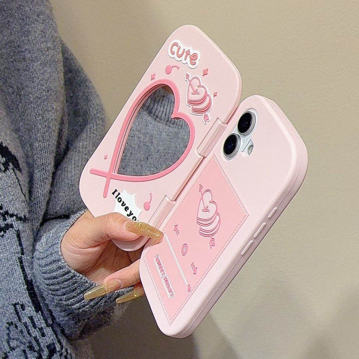 Pink 3D Strawberry Bow & Heart Flip Mirror Phone Case - Leokee case
