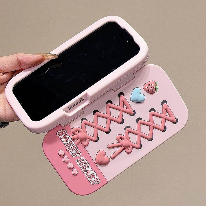 Pink 3D Strawberry Bow & Heart Flip Mirror Phone Case - Leokee case