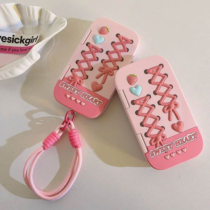 Pink 3D Strawberry Bow & Heart Flip Mirror Phone Case - Leokee case