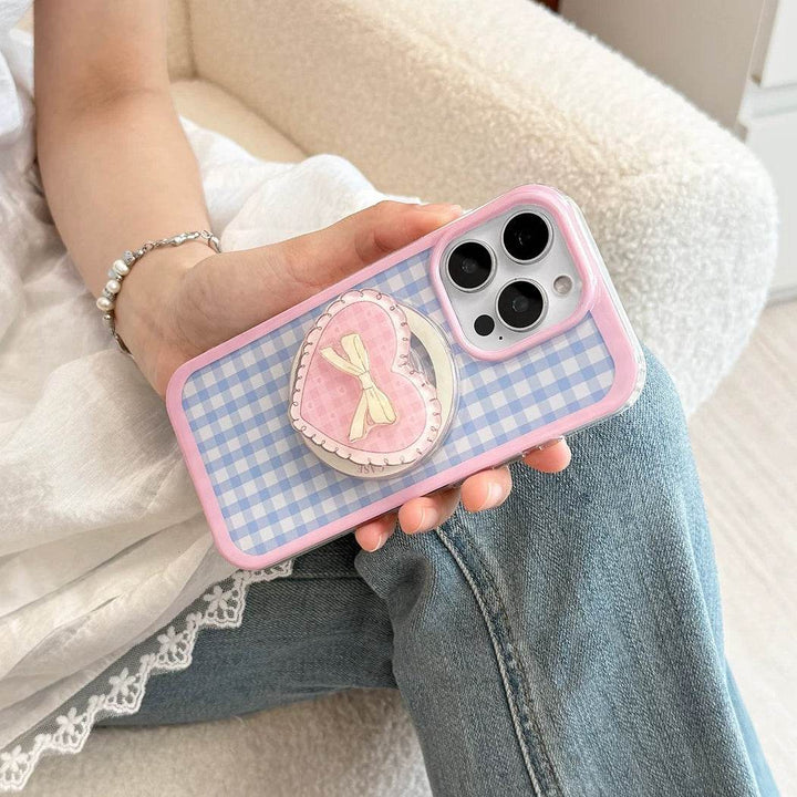 Blue and pink checkered bow phone case - Leokee case