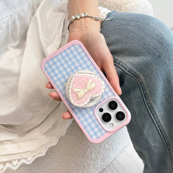 Blue and pink checkered bow phone case - Leokee case