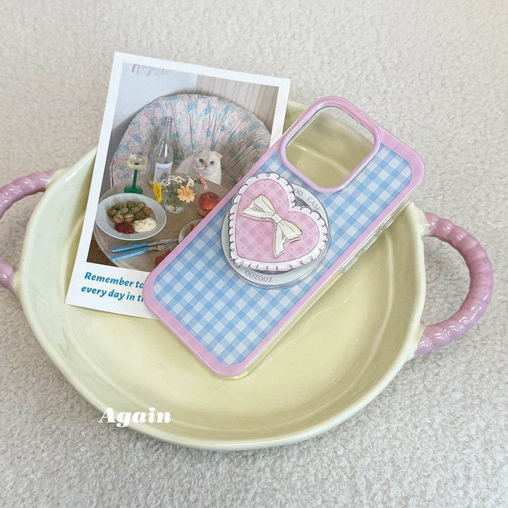Blue and pink checkered bow phone case - Leokee case