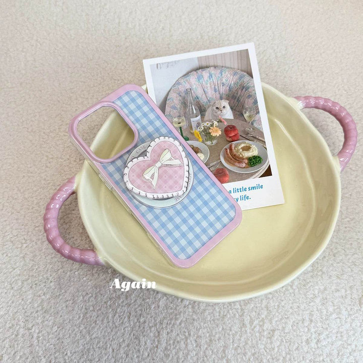 Blue and pink checkered bow phone case - Leokee case