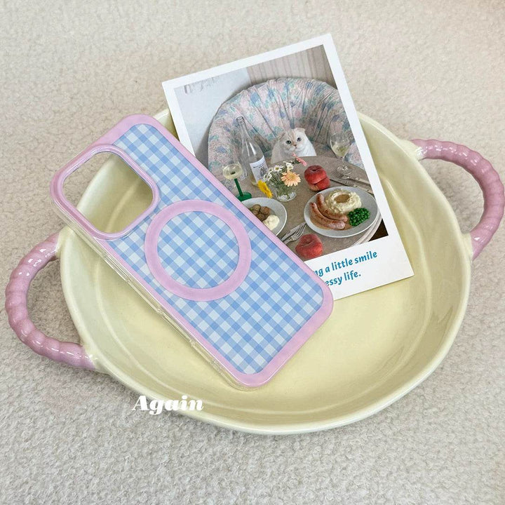 Blue and pink checkered bow phone case - Leokee case