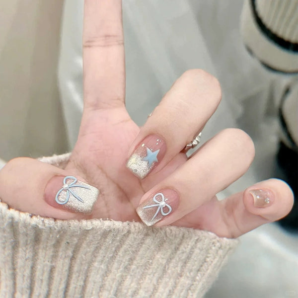 Mint milk blue gradual change nail art pure handmade wear nail short cute white