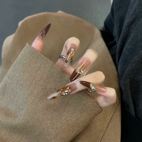 smudged leopard print manicure flash diamond fake nails