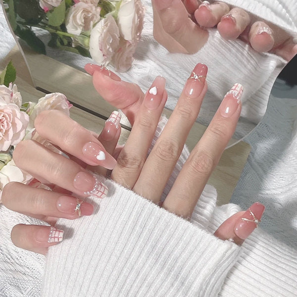 Blush smudge plaid French pearl love gradual change manicure