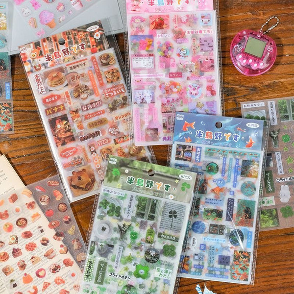 6 Sheets Japanese Stickers Retro Flash Sand PET Scrapbook Waterproof Stickers