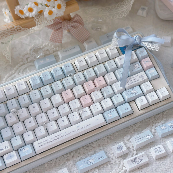 Blue Rain Keycaps Light Blue Morandi Blue Cherry Pbt Personalized Cute Keycaps 130Keys For Ul F75/F99