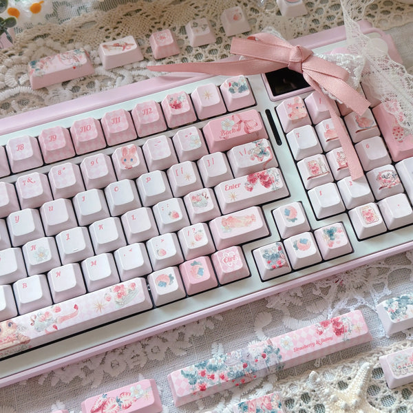 Lily Rabbit Strawberry Party Keycap Pbt Five-Sided Sublimation Fc140 Key Cute Pink Light Pink Keycap
