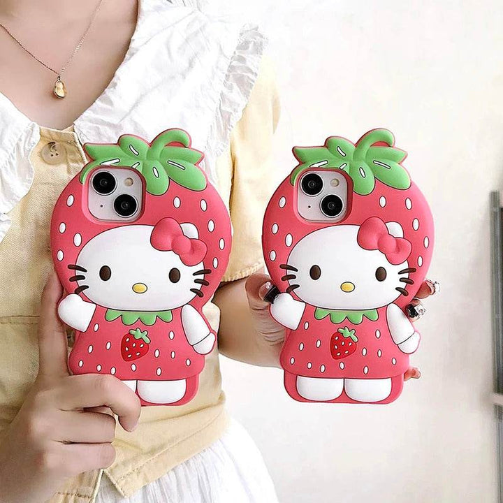 For iPhone 16 15 14 13 12 Pro Max Strawberry Hello Kitty Soft Silicone Case Japan Ins Kawaii Cute 3D Cartoon Shock Proof Cover - Leokee case