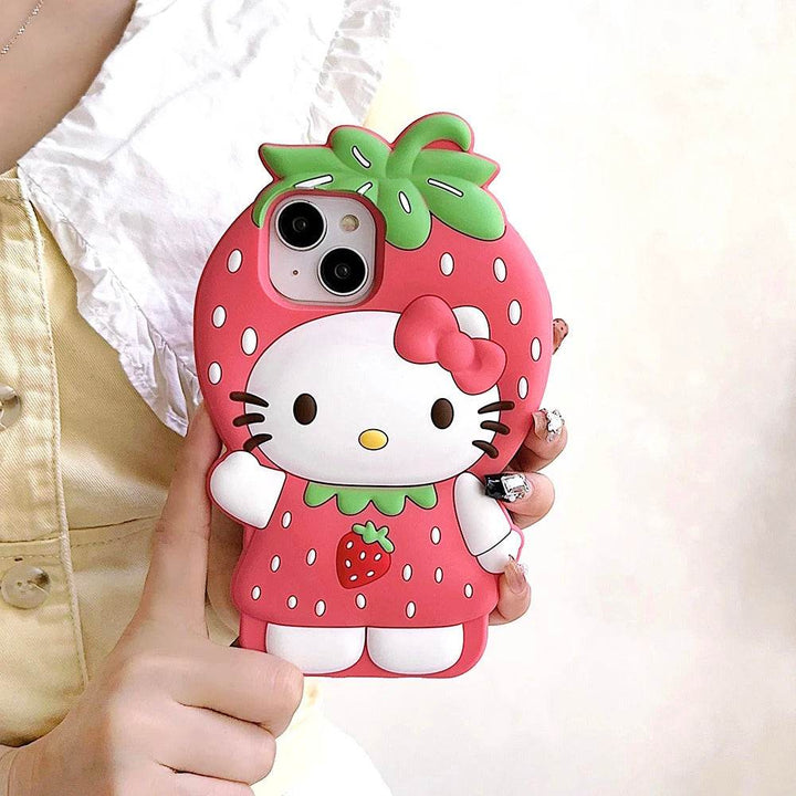 For iPhone 16 15 14 13 12 Pro Max Strawberry Hello Kitty Soft Silicone Case Japan Ins Kawaii Cute 3D Cartoon Shock Proof Cover - Leokee case