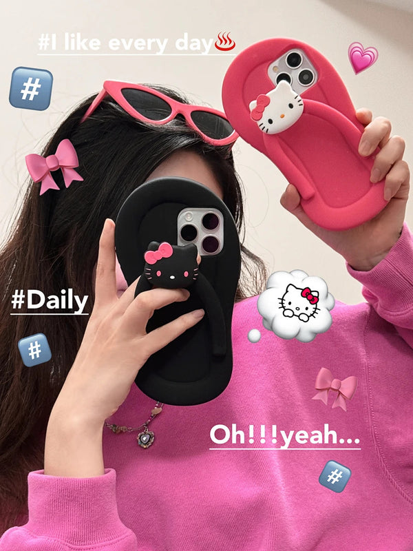 3D Stereoscopic Cute Cartoon Sanrio Hello Kitty Slipper Phone Case For iPhone 15 Pro 14 13 12 Pro Max Cases Soft Silicone Cover