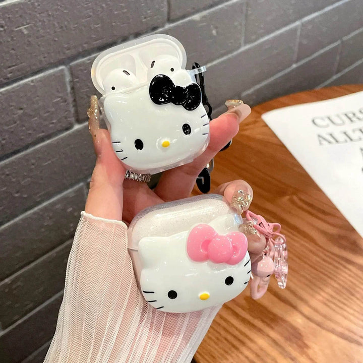Cute Pink Black Hello KT Cat Cover for AirPods 4 Cartoon Earphone Case for Airpods Pro2 Pro 3 2 1 Protective Cover with Keychain - Leokee case
