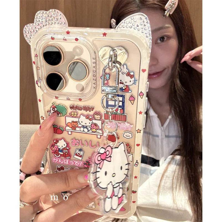 Cute Full-Screen Hello Kitty Clear Glitter iPhone 16/15/14/13 Pro Max Protective Case with Impact-Resistant Design - Leokee case