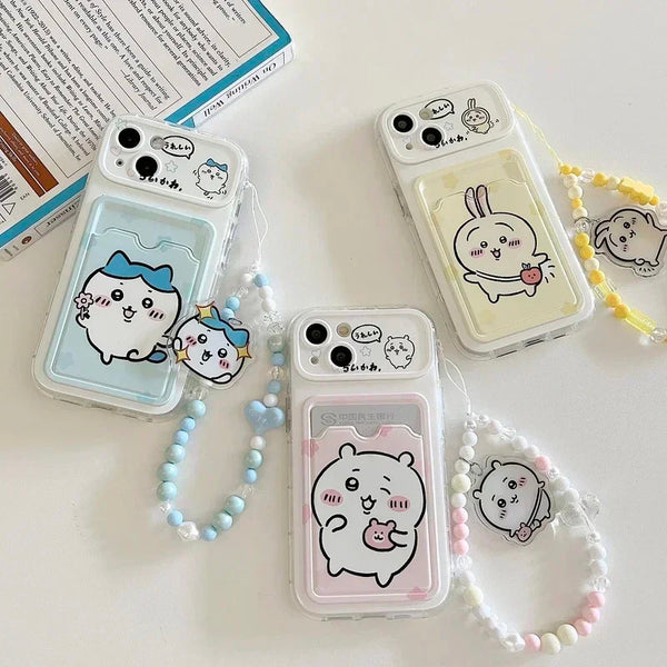 Cute Cartoon Japan Anime Chiikawa Card Wallet Pocket Phone Case For iPhone 16 15 14 13 12 11 Pro Max Cover With Lanyard