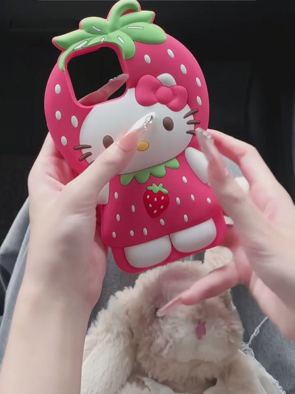 For iPhone 16 15 14 13 12 Pro Max Strawberry Hello Kitty Soft Silicone Case Japan Ins Kawaii Cute 3D Cartoon Shock Proof Cover