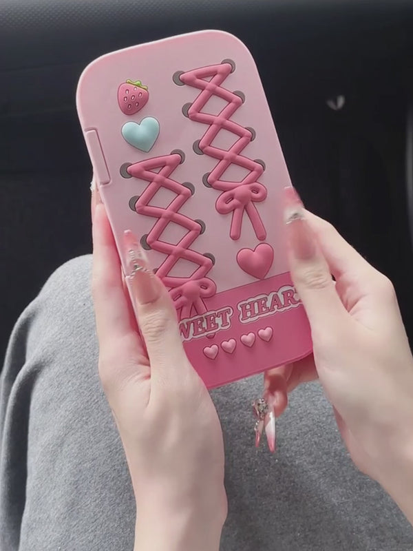 Pink 3D Strawberry Bow & Heart Flip Mirror Phone Case